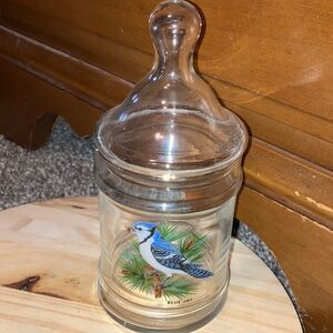 Apothecary Glass Jar With Blue Jay Design Perfect For Cotton Balls 6”